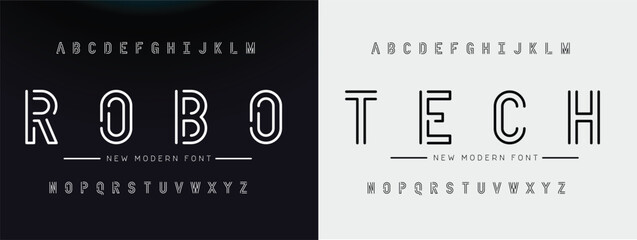 Futuristic font digital alphabet, hi-tech technology style letters A, B, C, D, E, F, G, H, I, J, K, L, M, N, O, P, Q, R, S, T, U, V, W, X, Y, Z and numerals 0, 1, 2, 3, 4, 5, 6, 7, 8, 9 © Kitti_Pie