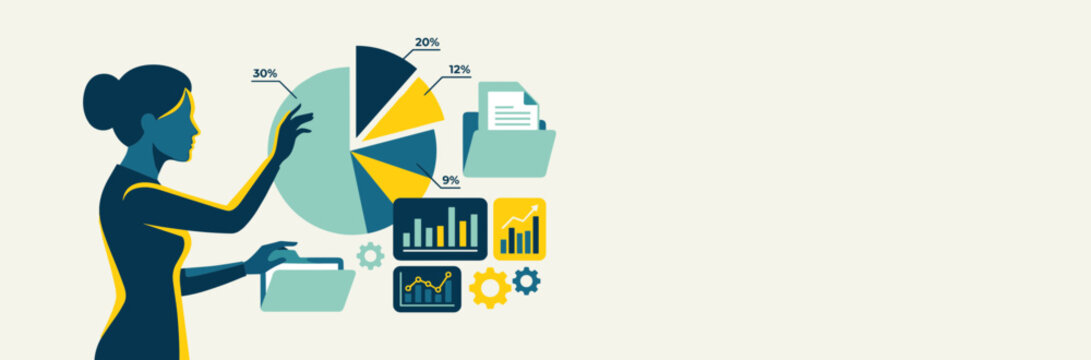 Abstract silhouette of a woman interacting with floating digital pie charts and data folders, business analytics concept, flat vector banner.