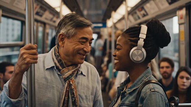 Diverse commuters on crowded subway train during daily travel.