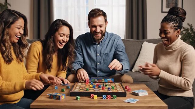 Diverse friends playing board game in cozy living room