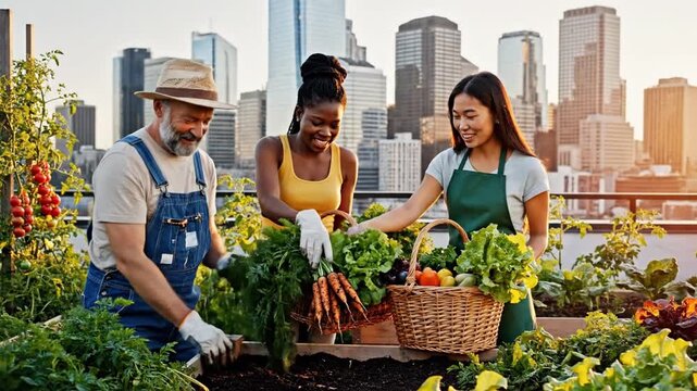 Diverse people harvesting fresh vegetables in urban rooftop garden