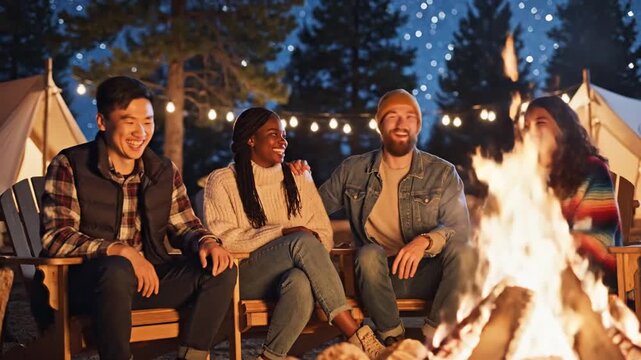 Diverse friends talking around campfire at glamping site night