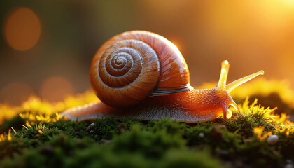 Obraz premium Macro view of a snail on moss ground with sunlight creating golden hour glow. Snail shell has spiral patterns. Organic life, growth, nature detail captured.
