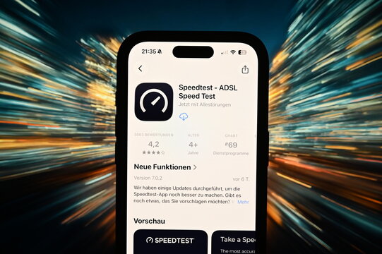 Germany - May 4,2026: Speedtest ADSL on phone