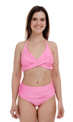 Fototapeta premium Woman in pink swimsuit on white background