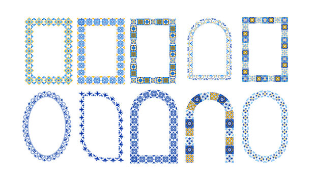 Ornamental frames collection with traditional Azulejo Portuguese tile patterns. Mediterranean ceramic set. Moroccan decorative elements.