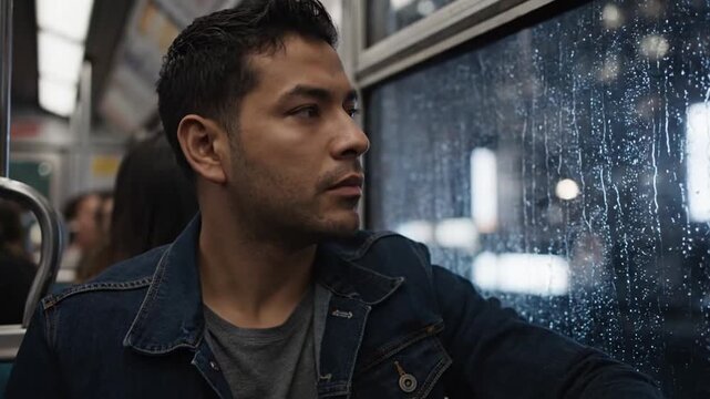Man looking out rainy window on urban public transport