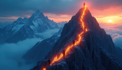 Fototapeta premium Silhouetted figures ascend a glowing orange financial graph path on a steep mountain. Peak success achieved as sun sets over misty clouds. Investors reach summit.