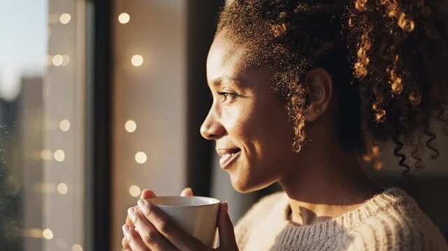 Relaxed woman holding mug enjoying morning light by window