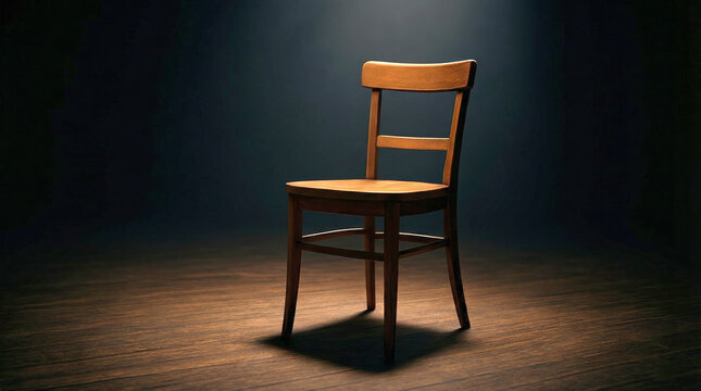 Simple wooden chair standing in spotlight on stage floor