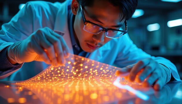 Man in lab coat examines glowing digital pattern. Scientist studies microchip tech. Engineer works on futuristic data display. Advanced research explores circuit board.