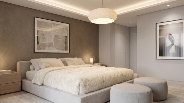 Modern bedroom interior with minimalist design and neutral tones