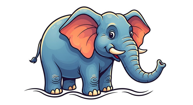 Blue cartoon elephant with pink ears and tusks sitting on the ground