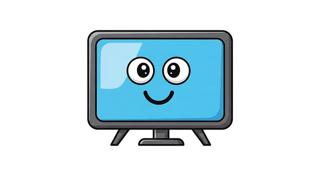 Blue computer monitor with smiley face on screen, flat