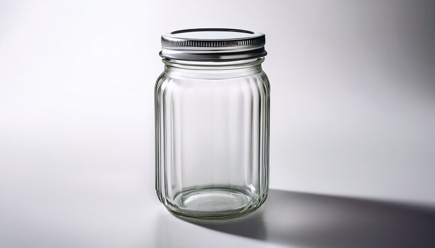 a clear cylindrical glass storage jar with a screw top aluminum lid sits on a white surface with shadows