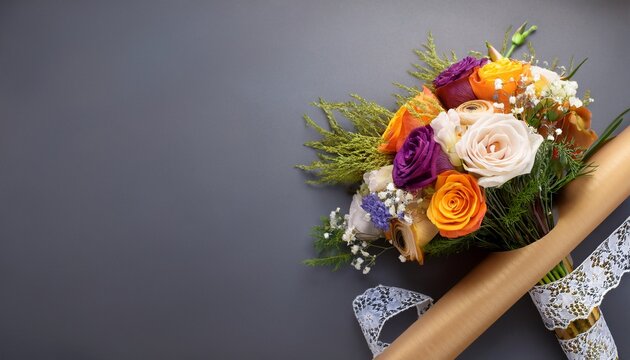 vibrant bouquet of flowers with rolled paper and lace on gray background