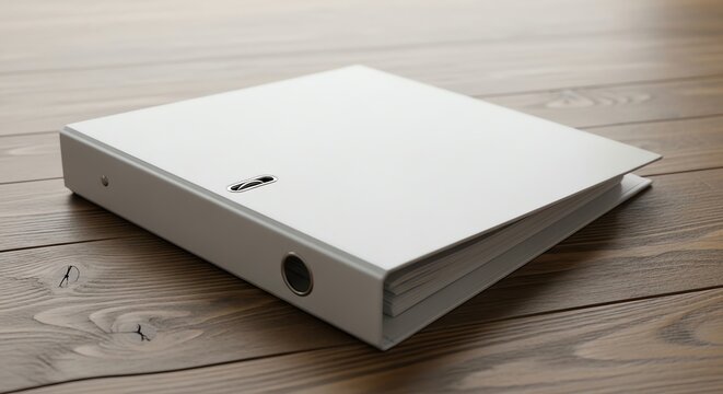 White binder on wooden surface with metal rings and label holder.