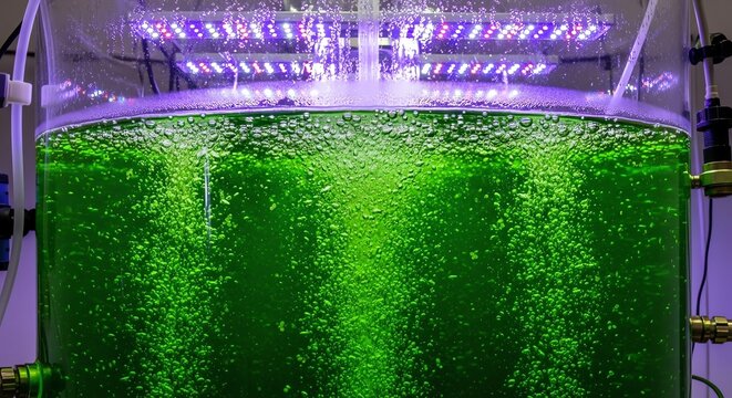 Close-up of a vibrant green liquid bubbling in a transparent container under purple lighting.