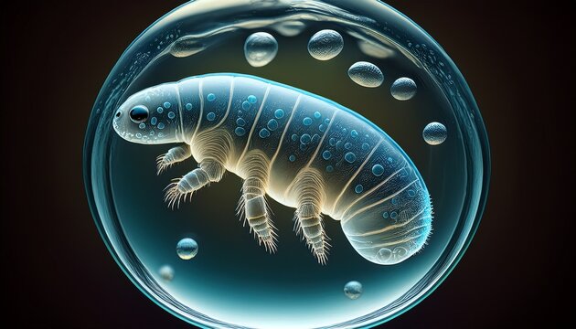 a microscopic view of a tardigrade or water bear inside a transparent water droplet