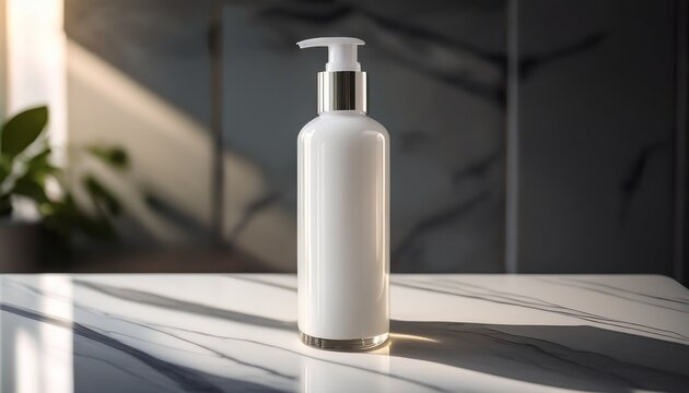 a sleek frosted glass cosmetic bottle with a white cap stands on a polished marble countertop under soft natural light