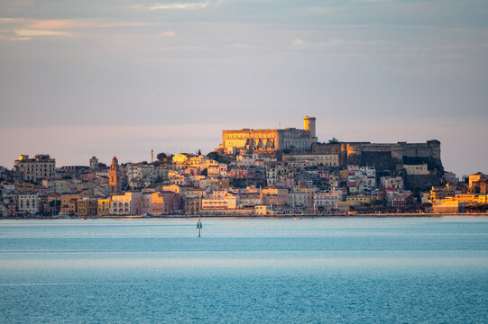 View on Gaeta historical city across sea bay from Formia, Lazio, Italy, italian travel destination