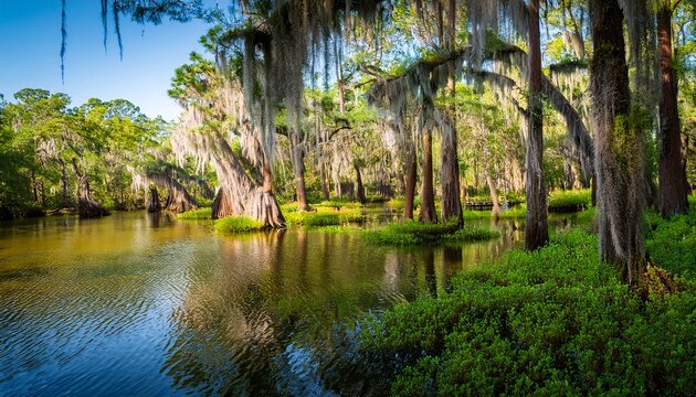 usa florida pond cyprus taxodium ascendens and spanish moss tillandsia usneoides in swamp