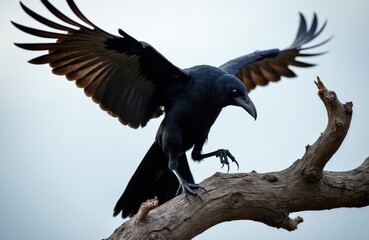 Obraz premium Black crow bird lands on dry branch, spreads wings wide. Feathers show texture, detailed claws grip wood. Animal in natural habitat, looks alert on sky background.