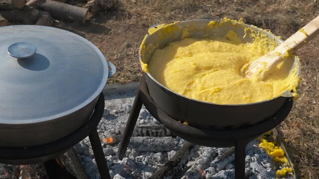 Preparation of hominy. A nice sunny day on the urban place with cooking hominy on the open air