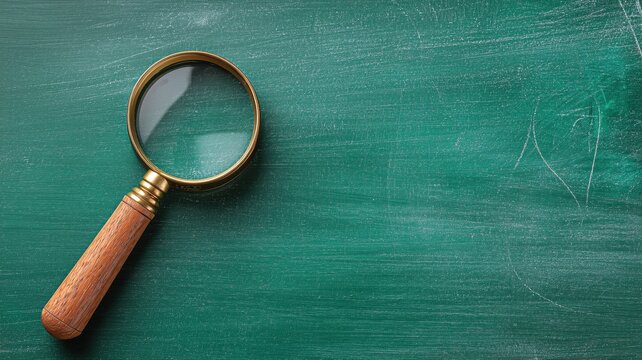 木製の柄が付いた虫眼鏡が緑の黒板の上に置かれている。教育や調査、学習のイメージに使える素材