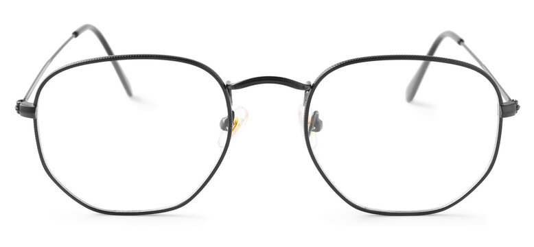 Pair of eyeglasses with metal frame isolated on white