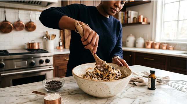 Black, African-American female hand mixing chocolate chip cookie dough in and elegant, upscale kitchen