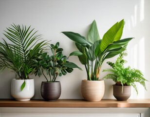 Fototapeta premium fresh green plants arranged on shelf in bright interior