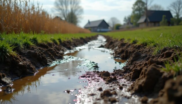 Low angle view of muddy ditch with shallow water reflecting sky. Grassy banks and dry stalks border wet furrow. Rural farmhouses distant background.