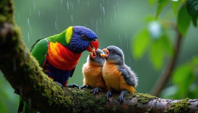 Colorful parent lorikeet bird feeds two tiny chicks on mossy tree branch during rain shower. Avian family bonding in natural wet rainforest habitat, showing nurturing instinct.