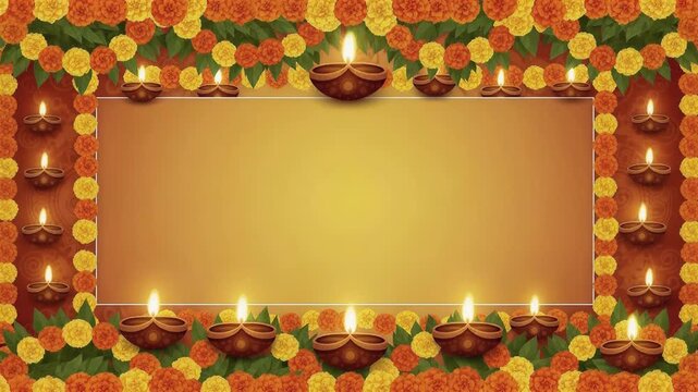 Lit oil lamps and floral marigold garlands frame for Dussehra festival greeting. Golden background with diya light for traditional celebration invitation design.