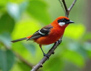 Obraz premium Red Warbler bird rests on tree branch in natural habitat. Small songbird with vibrant orange plumage and dark mask. Wildlife detail, avian life, forest scene.