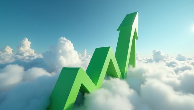 Green upward arrow graph emerges from clouds into clear blue sky. Represents business growth success and financial progress. Ideal for economic concepts and economic planning.