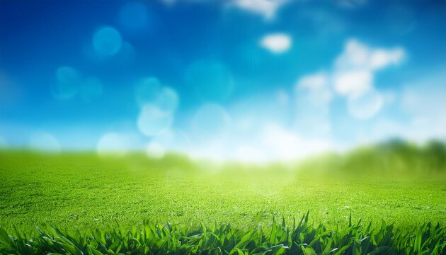 nature background with sunny spring meadow blur background blue sky to green grass