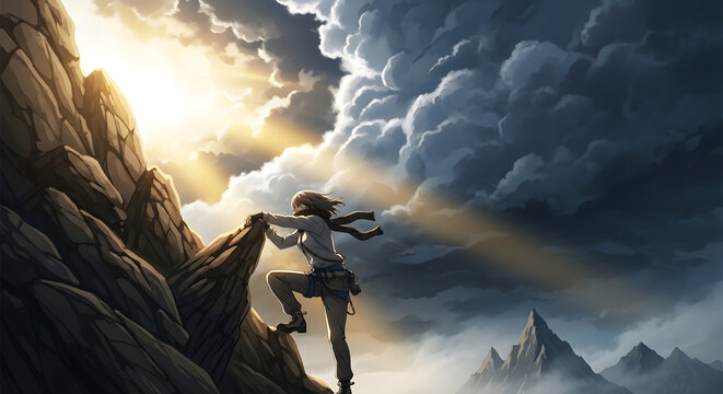 Woman climbing steep rocky mountain side 1.