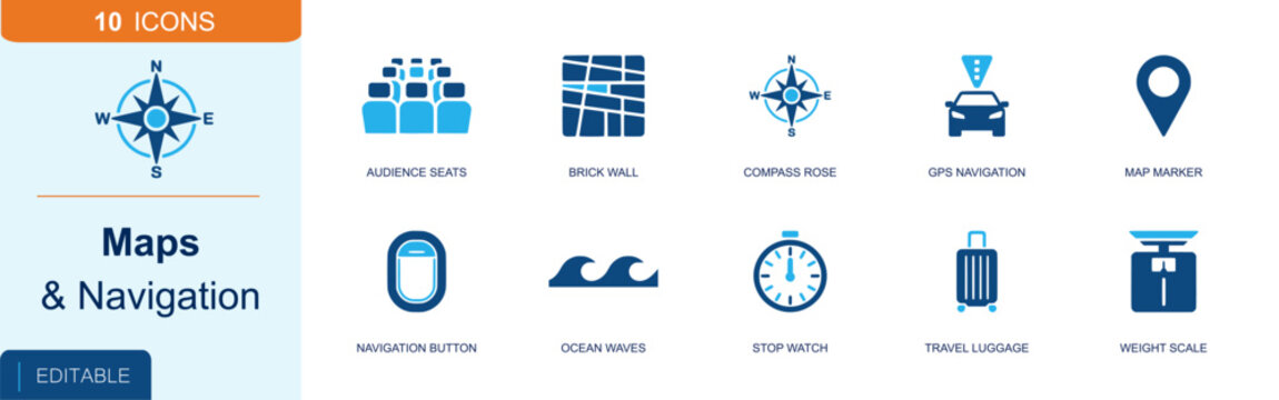 Map navigation icon set. Containing audience seats, brick wall, compass rose, GPS navigation, map pin, nav button, ocean wave, stopwatch, travel luggage and more. Solid fill vector icons.
