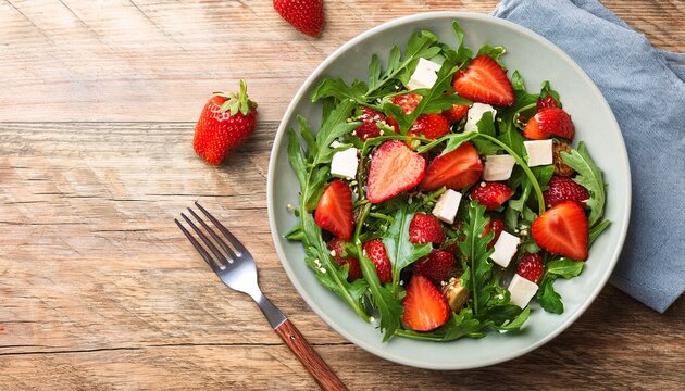overhead view of a vegetarian salad with strawberries tofu and arugula on wood background summer lunch concept