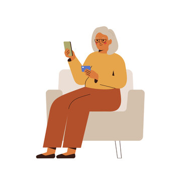 happy senior woman paying by credit or debit card via mobile phone. Grandmother buying online food or goods. web shopping concept. Vector illustration