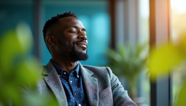 Man with closed eyes smiles serenely, feeling peaceful sunlight. He wears a smart textured jacket indoors, a moment of calm reflection and pure inner happiness.