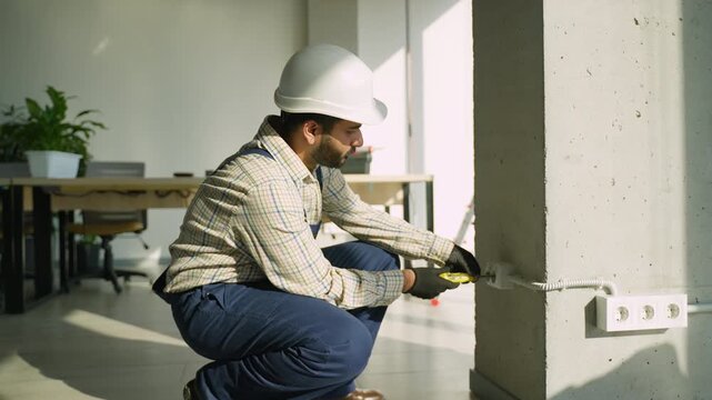 Professional electrician installing an electrical outlet on a concrete pillar