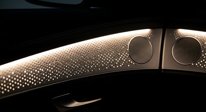 Close-up of a modern car dashboard with illuminated controls and speakers.