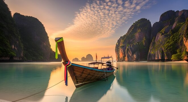 Traditional Thai Longtail Boat at Sunrise in Phi Phi Islands.