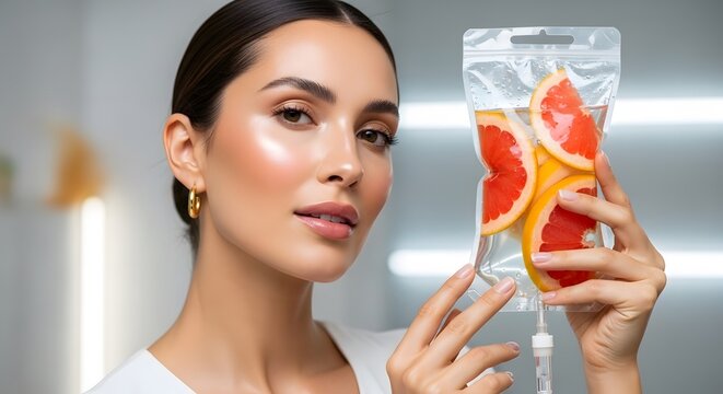 Deskripsi 2 (175 karakter):Attractive young woman holding a citrus infusion IV drip bag, symbolizing hydration, skincare, wellness therapy, and the benefits of vitamin C for a healthy lifestyle.