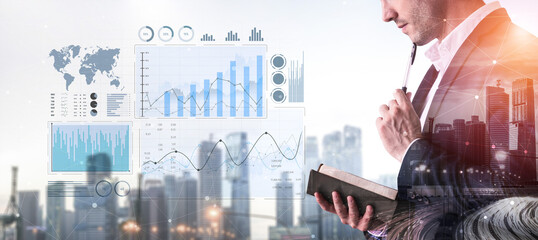 A business professional examines data trends in finance, surrounded by modern city skyline, blending analytics with urban professional life and decision-making insights. Scalp © InfiniteFlow