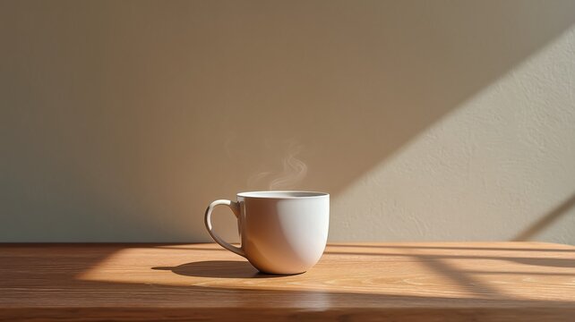白いマグカップに入った熱い飲み物がテーブルの上に置かれている。シンプルで落ち着いた雰囲気のカフェやリラックスタイムのイメージ素材