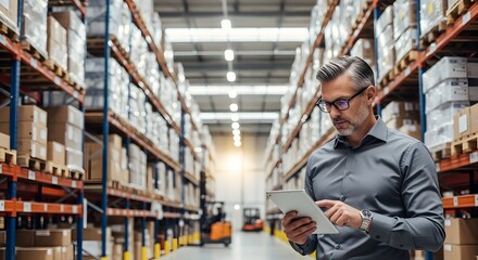 Fototapeta premium Professional warehouse manager using a digital tablet for inventory management.